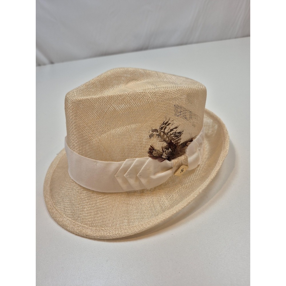 Stacy Adams Hat Trilby Fitted Mens XL Beige Straw Lightweight Lined Summer FLAW